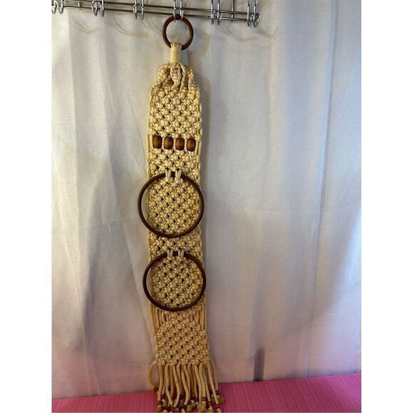 Macrame wall hanging towel rack 2 rings beads 42"x55" beige - Picture 1 of 6
